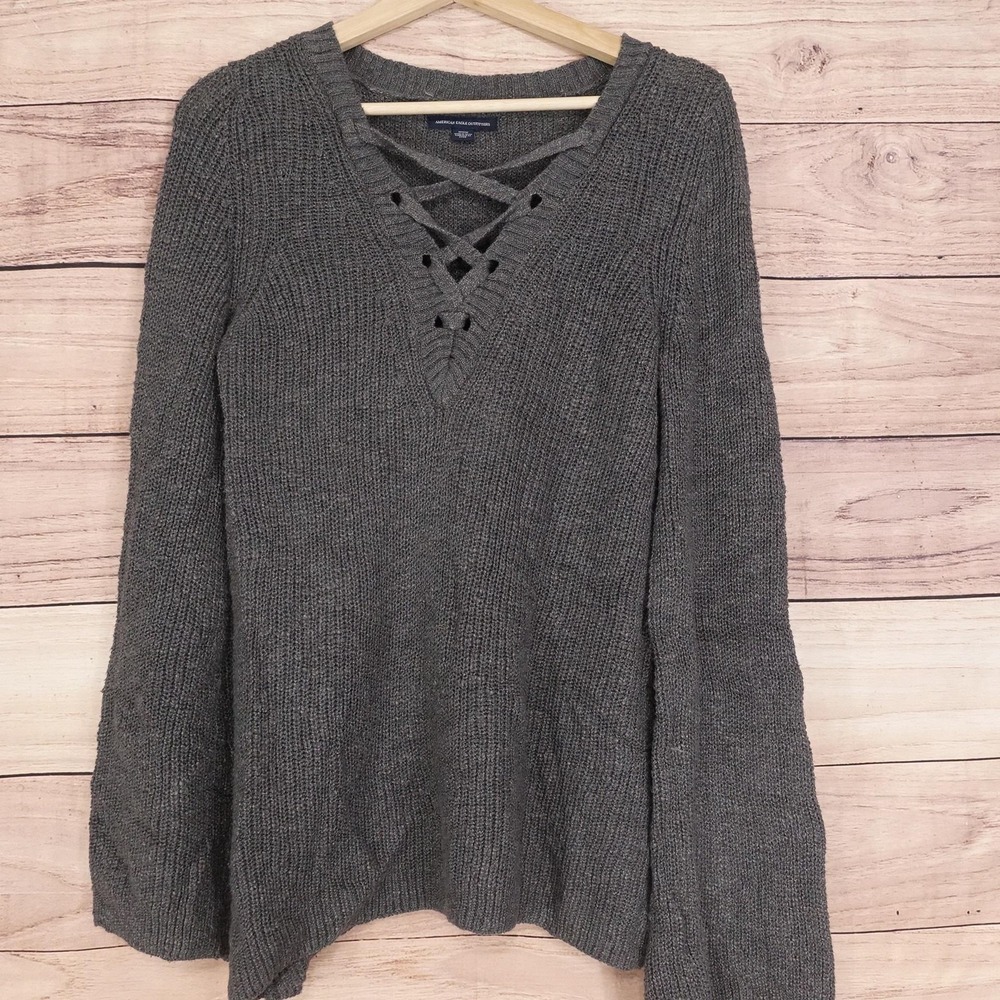 American‎ Eagle Outfitters Sweater Womens Medium Gray V Neck Lace Up Pullover